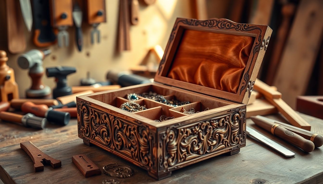 Realistic wooden jewellery box on a workbench.