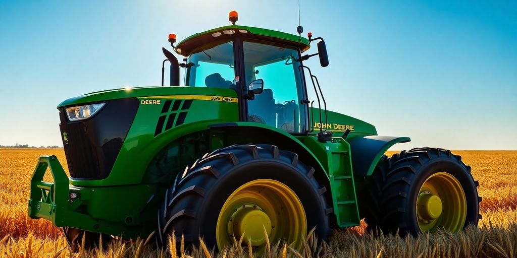 Green John Deere 8R tractor with JDLink in wheat field