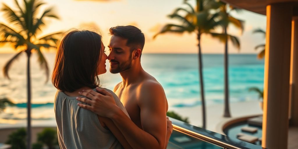 Romantic couple on Cabo resort balcony at sunset.