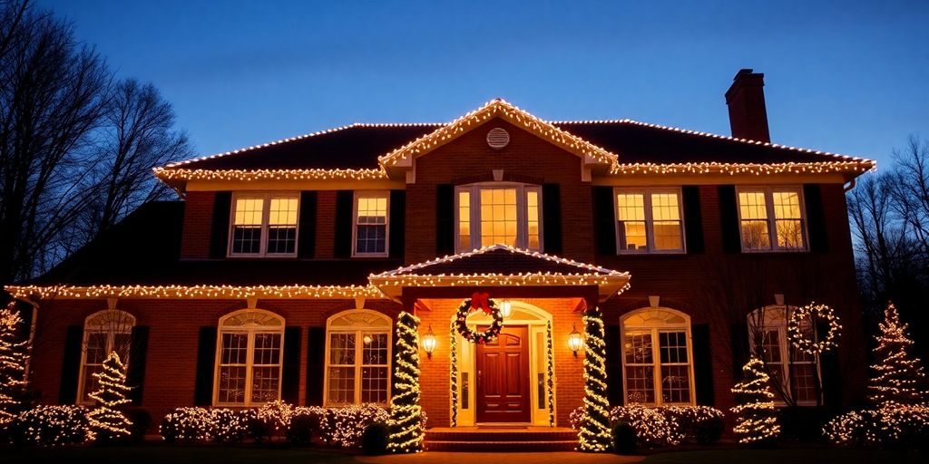 Expertly installed Christmas lights on a festive home.