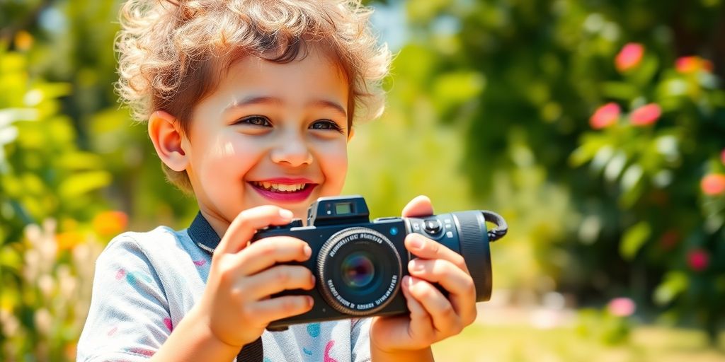 Young child vlogging outdoors with a camera in hand.
