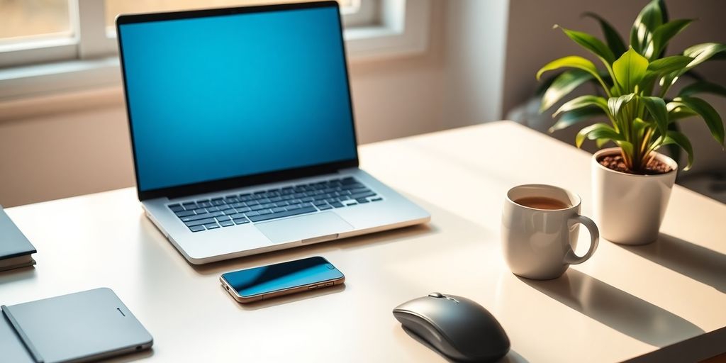 Laptop and smartphone on desk with coffee mug and plant
