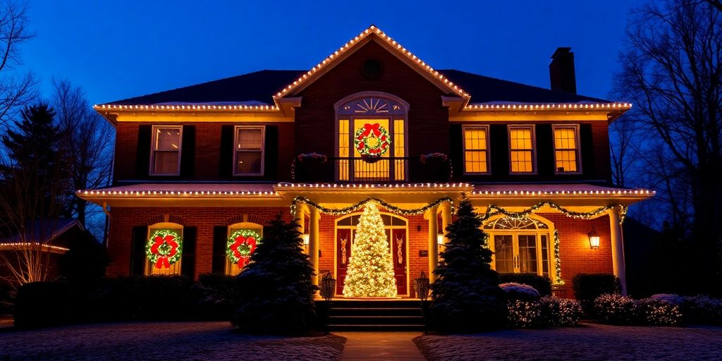 Ladue home with festive Christmas lights.
