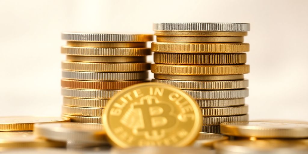 Pièces d'or et d'argent empilées sur un fond flou.