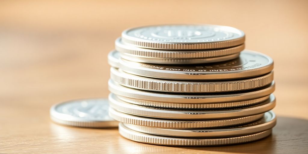 Des pièces d'argent brillantes empilées sur une surface.
