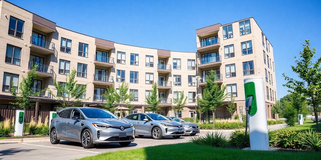 Electric vehicle charging stations at a modern apartment complex.