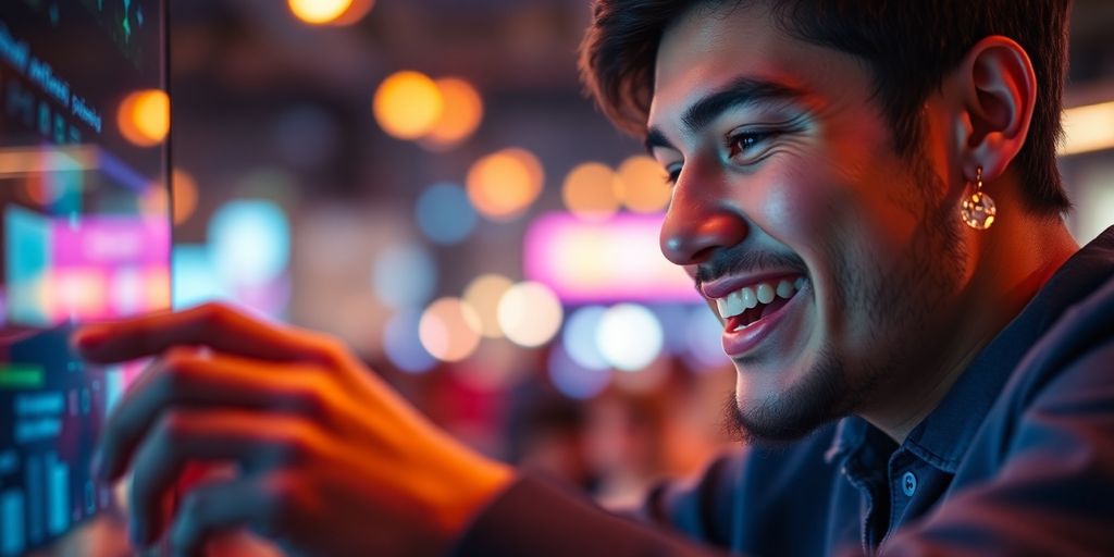 Usuário sorridente interagindo com um dispositivo digital.
