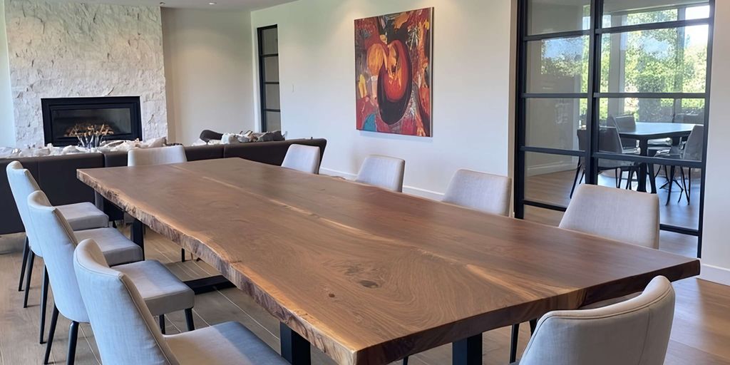 Modern dining room with a large wooden table and artwork.