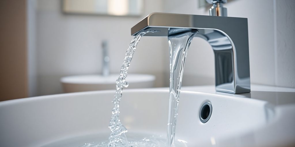 Waterfall tap filling modern basin