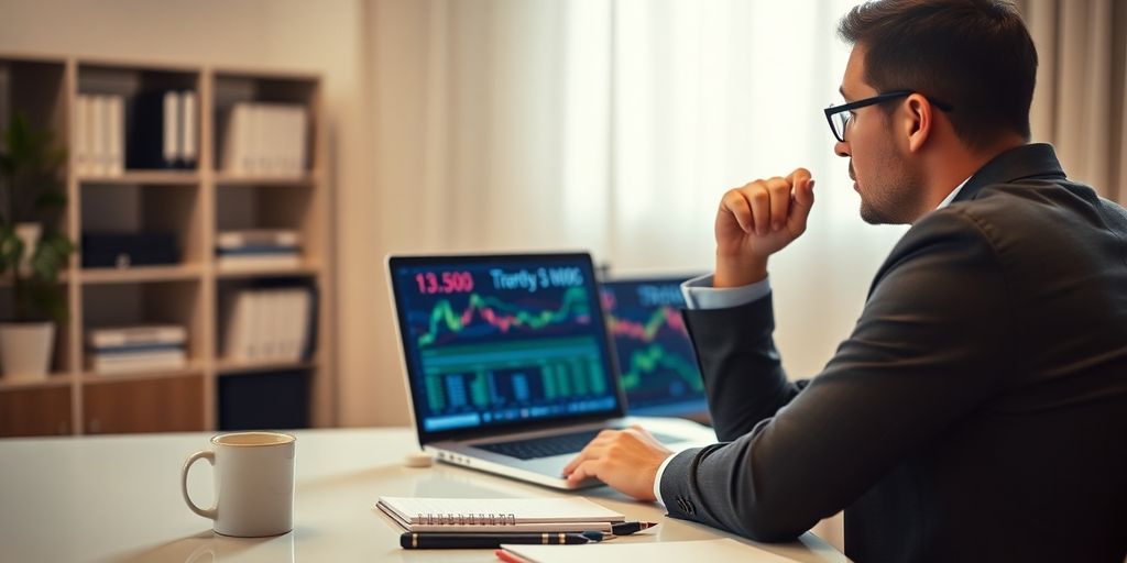Investor analyzing stock options in a quiet office.