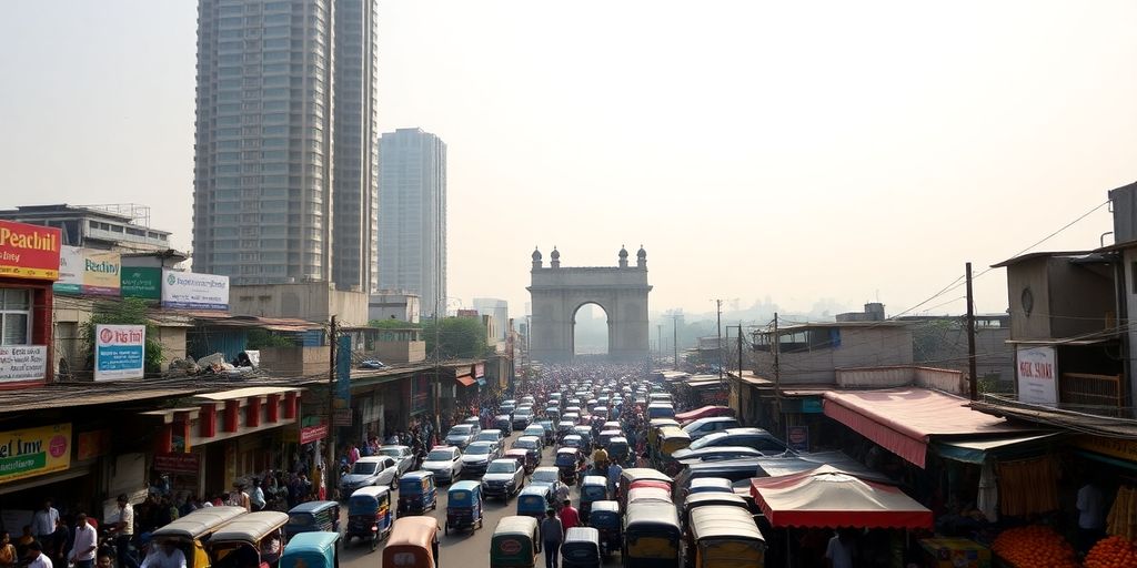 Mumbai skyline, bustling streets, vibrant markets, iconic landmarks.