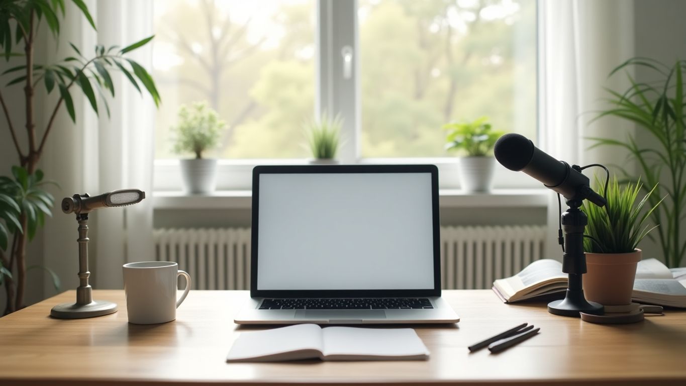 A modern workspace with a laptop and camera.