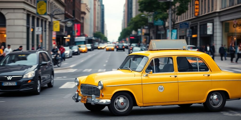 Yellow taxi cab driving on a city street.