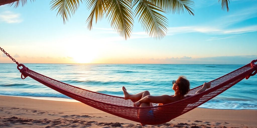 Person relaxing on a beach at sunset.