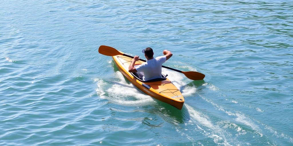 Kayaker paddling smoothly on calm water.