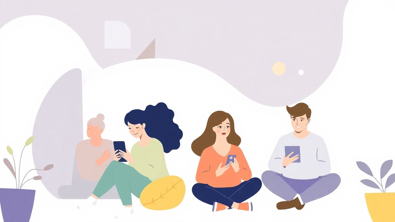 Illustrasjon av folk som bruker digitale enheter.