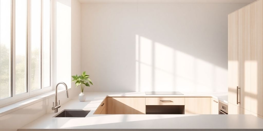 Clean, bright minimalist kitchen with warm natural light.