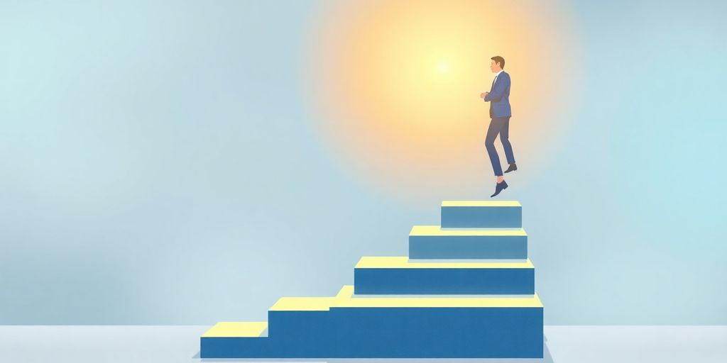 Person, successful, ascending career steps.