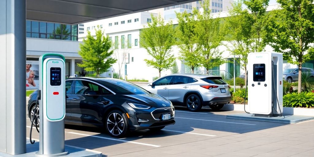 Electric vehicle charging station with cars and modern design.