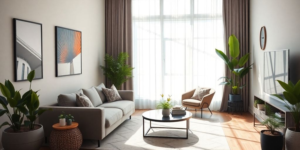 Stylish living room with modern decor and natural light.