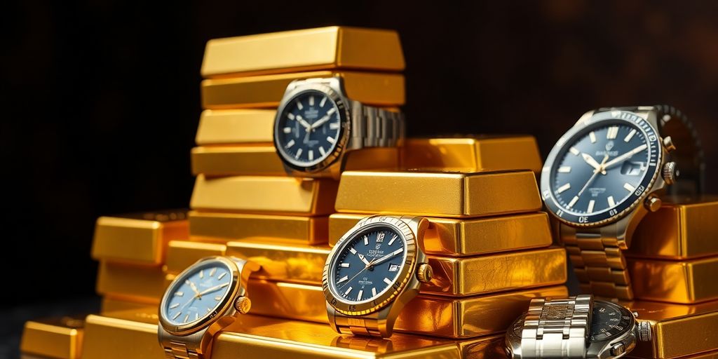 Lingots d'or et montres de luxe sur fond sombre.