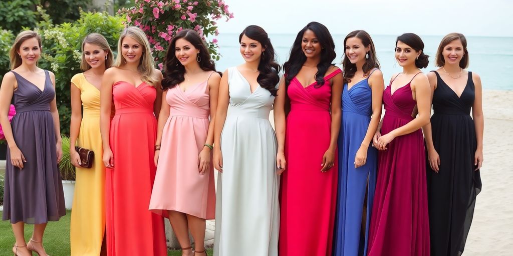 Elegant wedding guest dress styles in various settings.