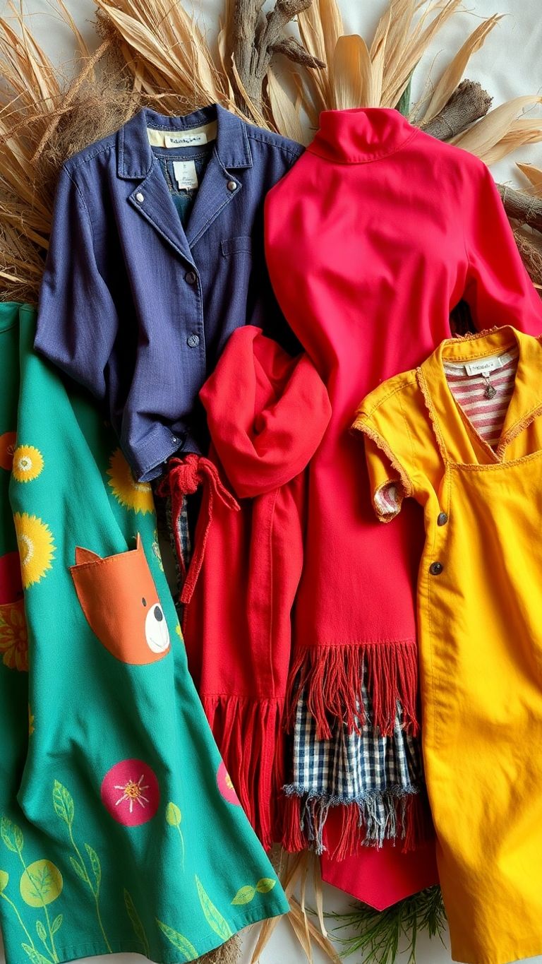 Colorful upcycled fashion pieces on a natural background.