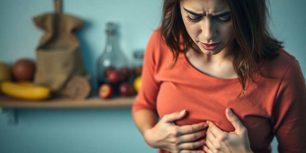 Stressed woman holding her stomach, hinting at hormonal issues.