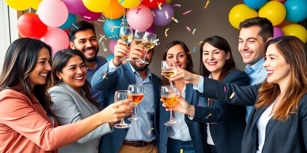 Group celebrating achievements with cheers and confetti.