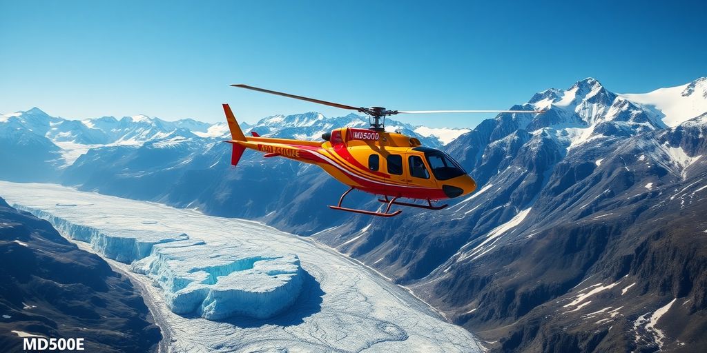 A Md500E helicopter flying over a vast Alaskan glacier.