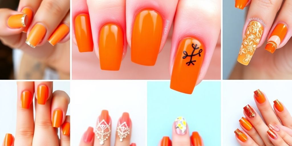 Unhas decoradas em laranja radiante, estilos criativos e vibrantes.