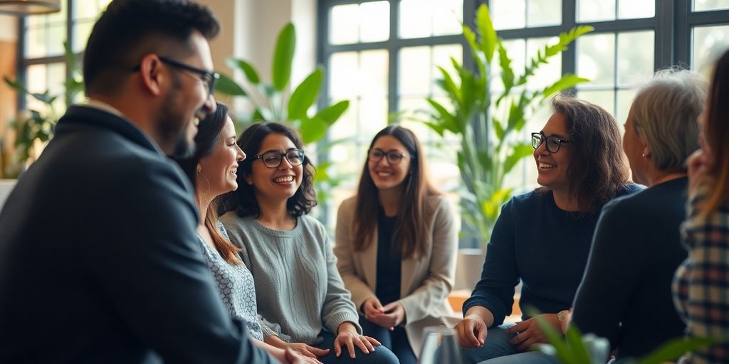 Diverse people laughing, connecting in a warm, naturally lit communal space.