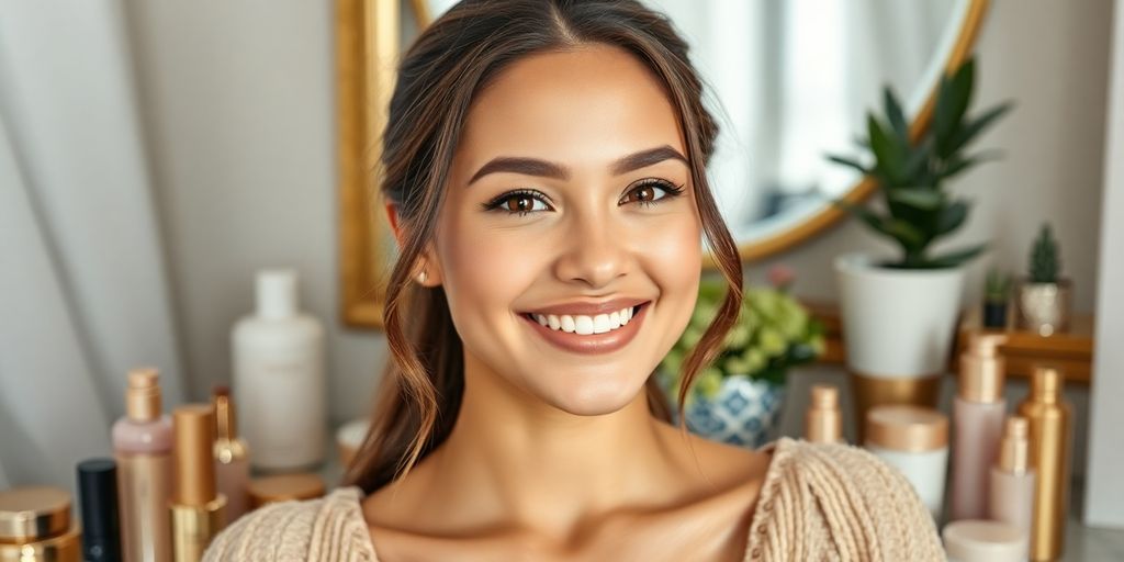 Influenceriță zâmbind, înconjurată de lux și produse cosmetice.