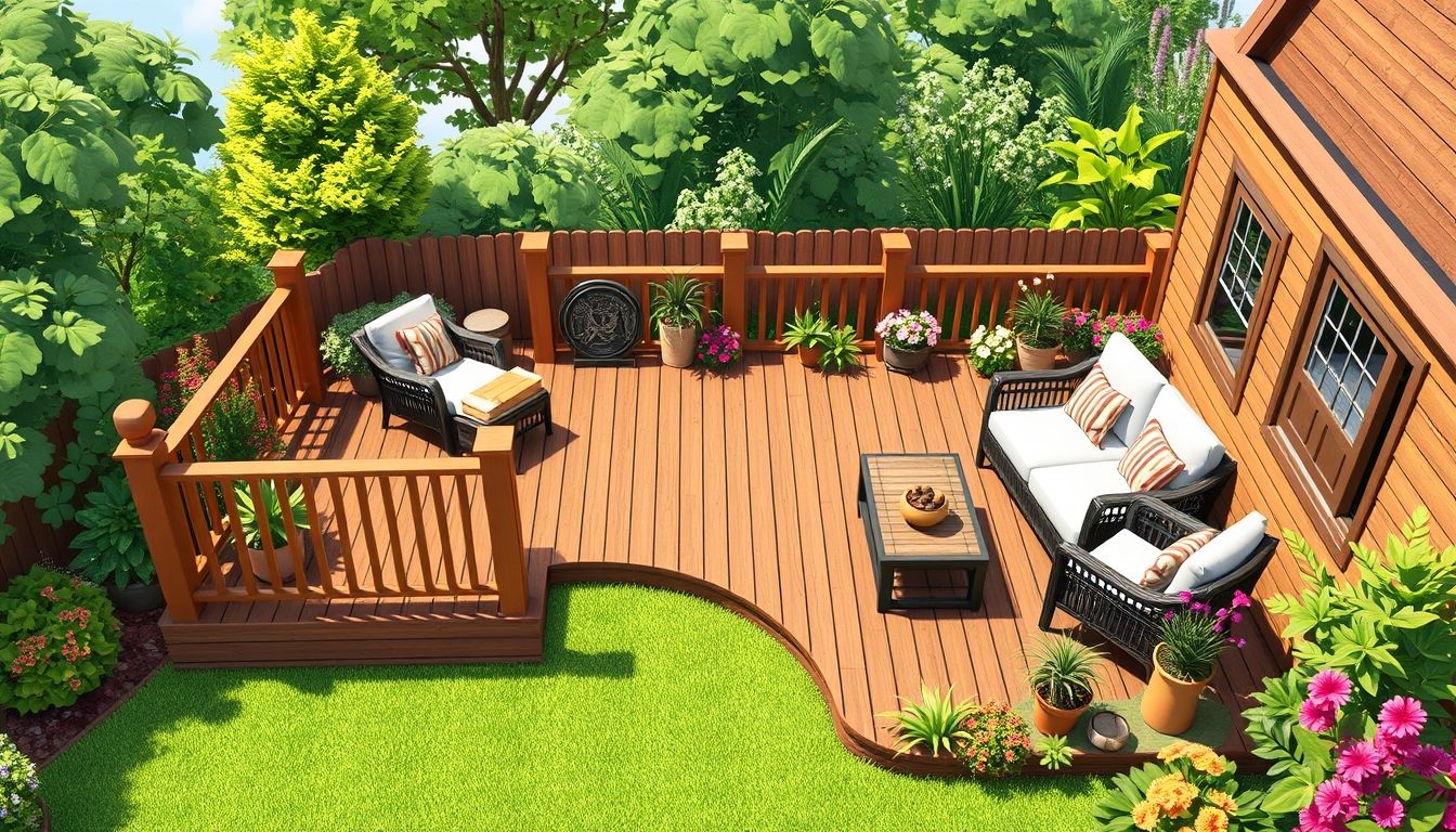 Wooden deck with greenery and flowers