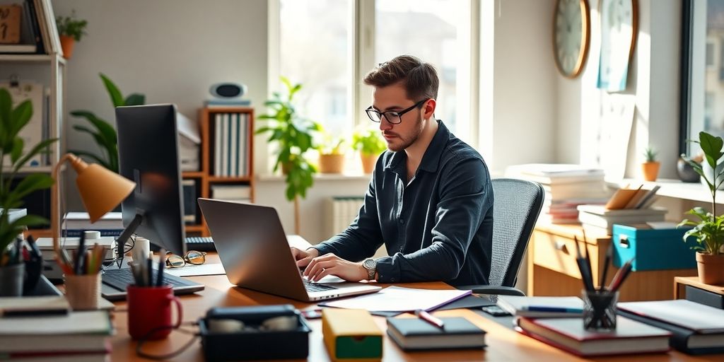 Productieve werkplek met gefocuste persoon.