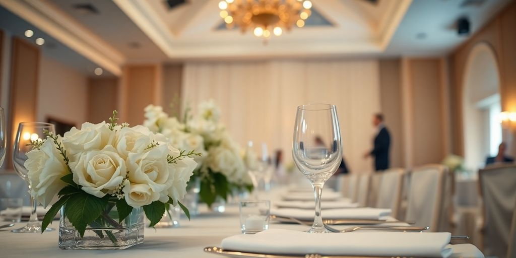 Elegante Hochzeitsdekoration mit weißen Blumen und sanfter Beleuchtung.