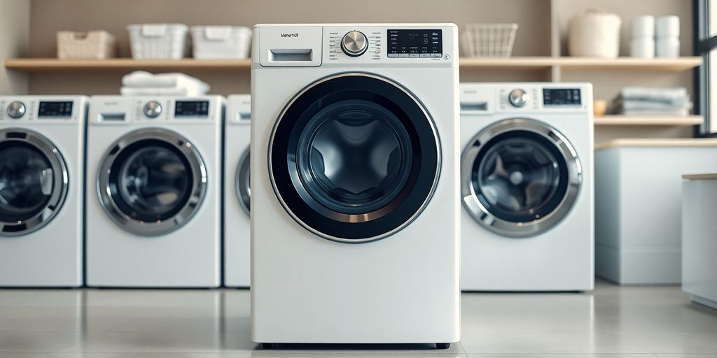 Moderne Waschmaschinen in einem hellen Waschraum.