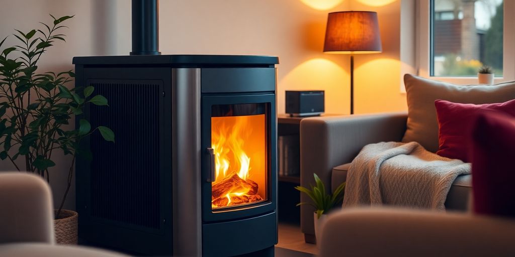 Biomasseheizung im gemütlichen Wohnzimmer mit Flammen