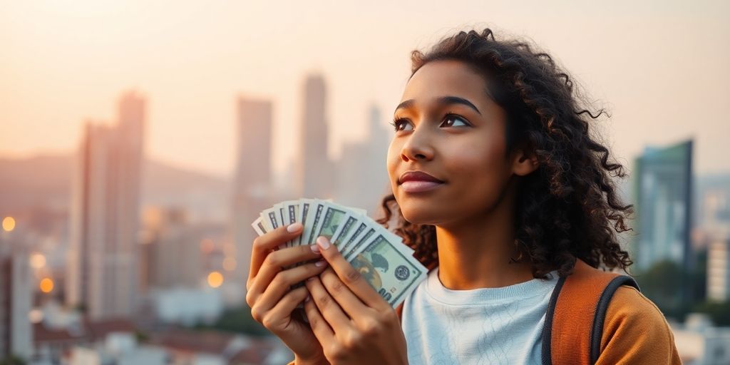 Person holding cash, looking at city.