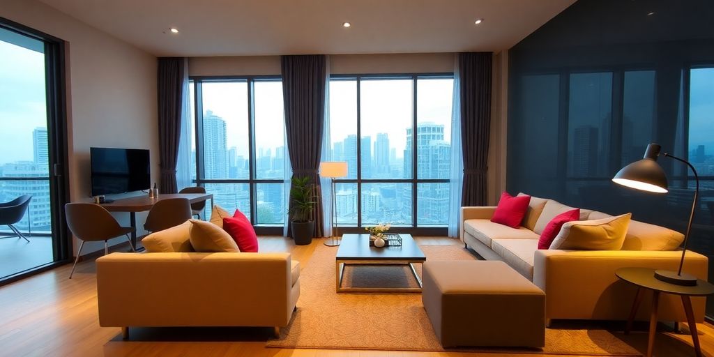 Modern serviced apartment interior with city views in Kuala Lumpur.