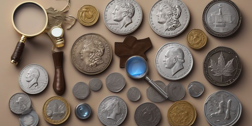 coin collection with magnifying glass and gloves