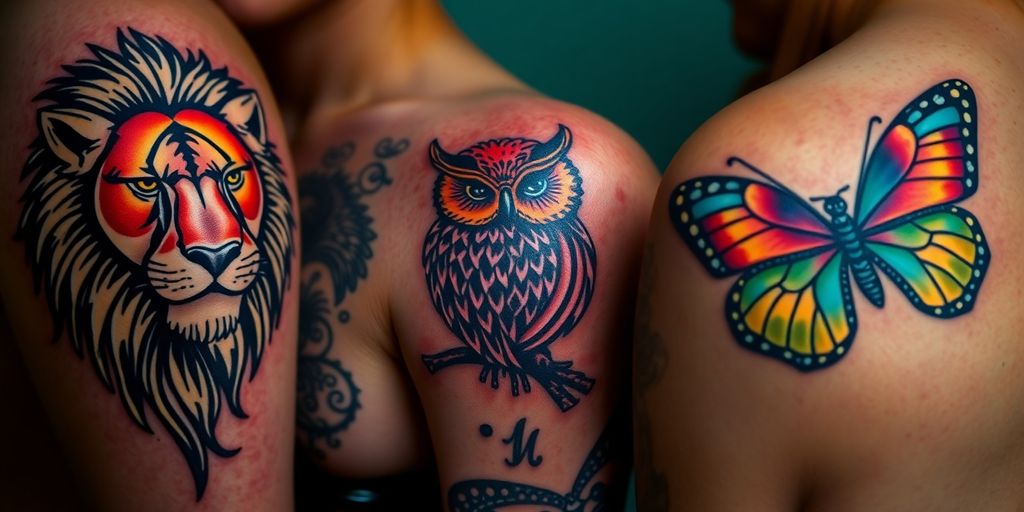 Close-up of detailed animal tattoos on skin.