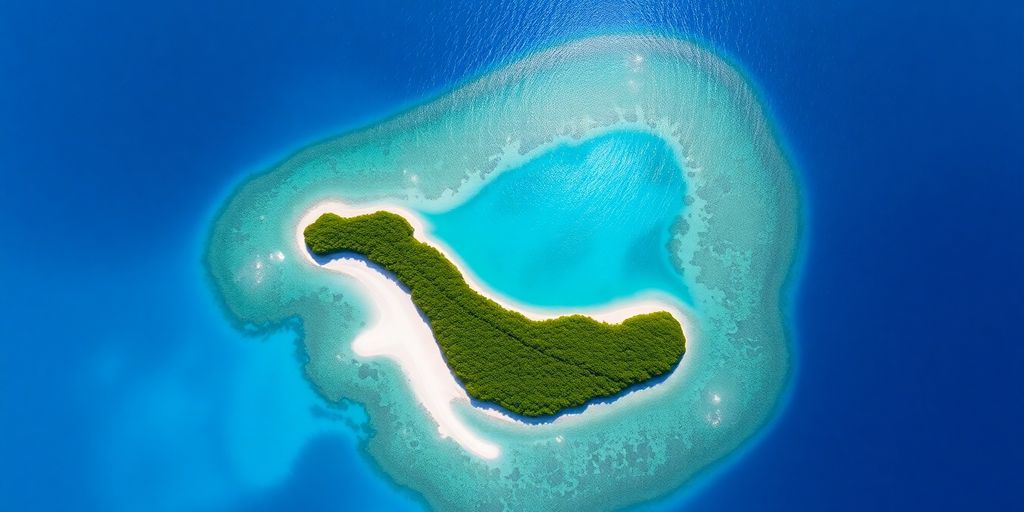 Tropical atoll islands with turquoise lagoons.
