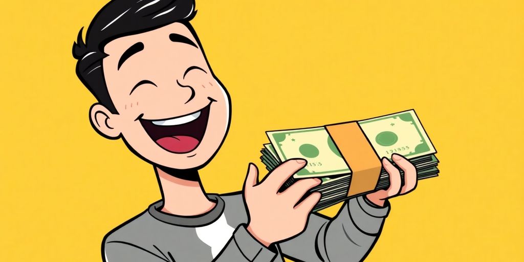 Man smiling, holding cash, cartoon style.