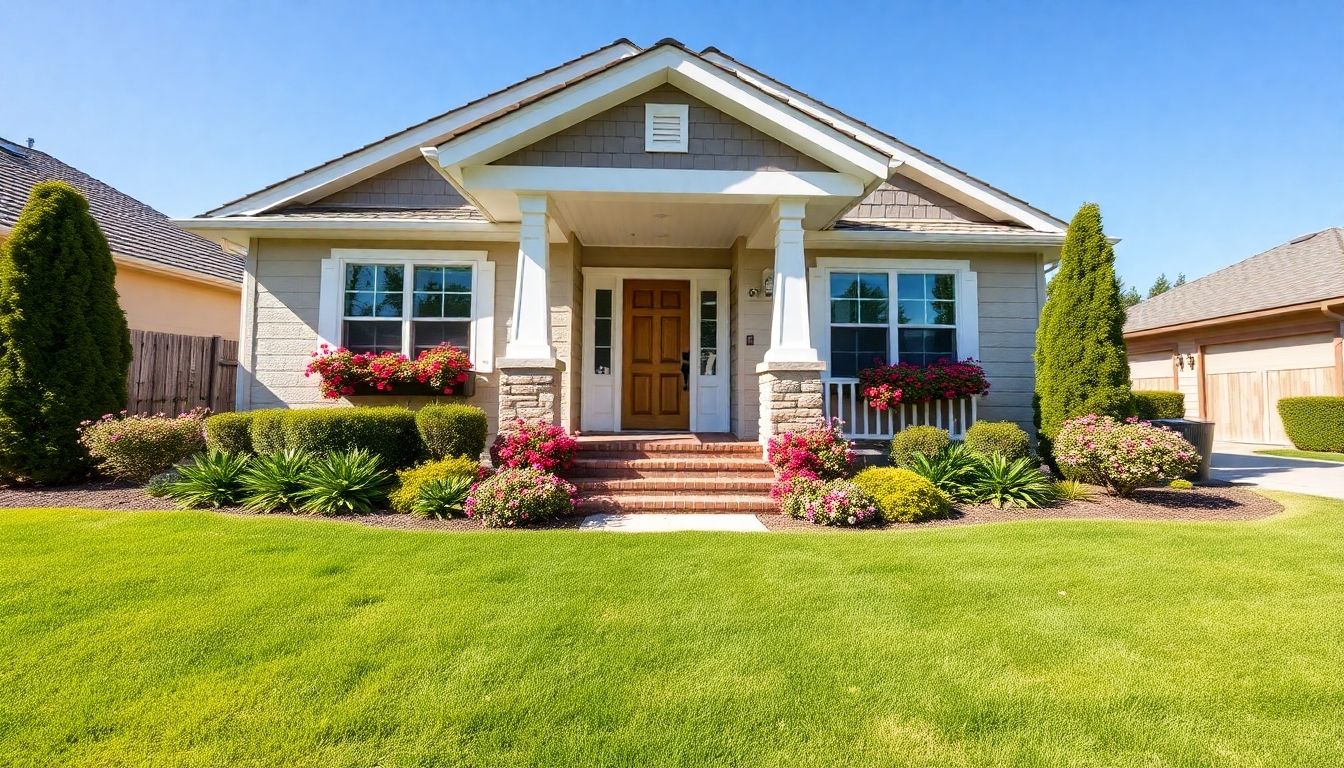 Refurbished home exterior with flowers and green lawn.