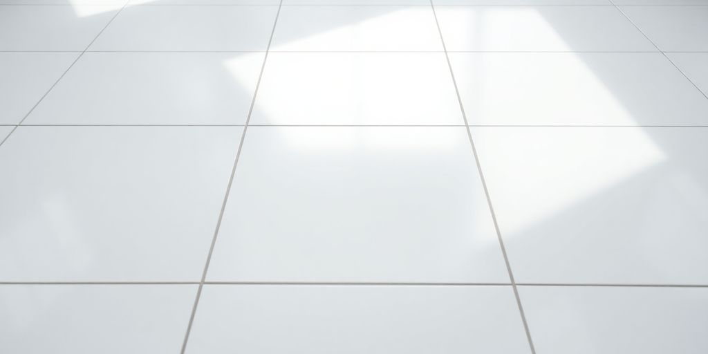 Glossy white porcelain floor tiles reflecting bright light.