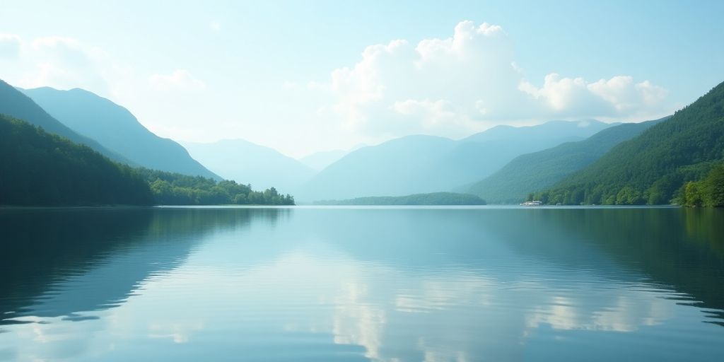 Serene lake landscape with lush greenery and mountains.