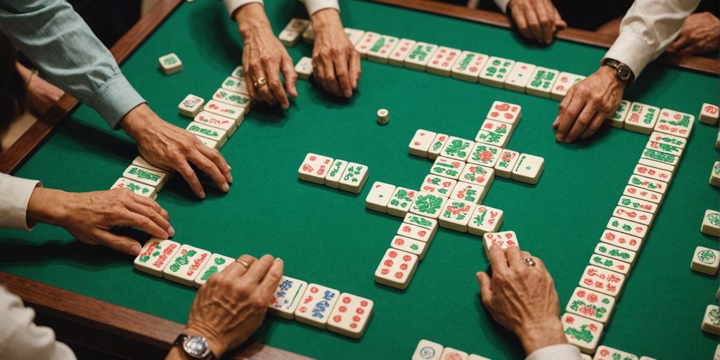 Mahjong table with 13 tiles and players' hands.