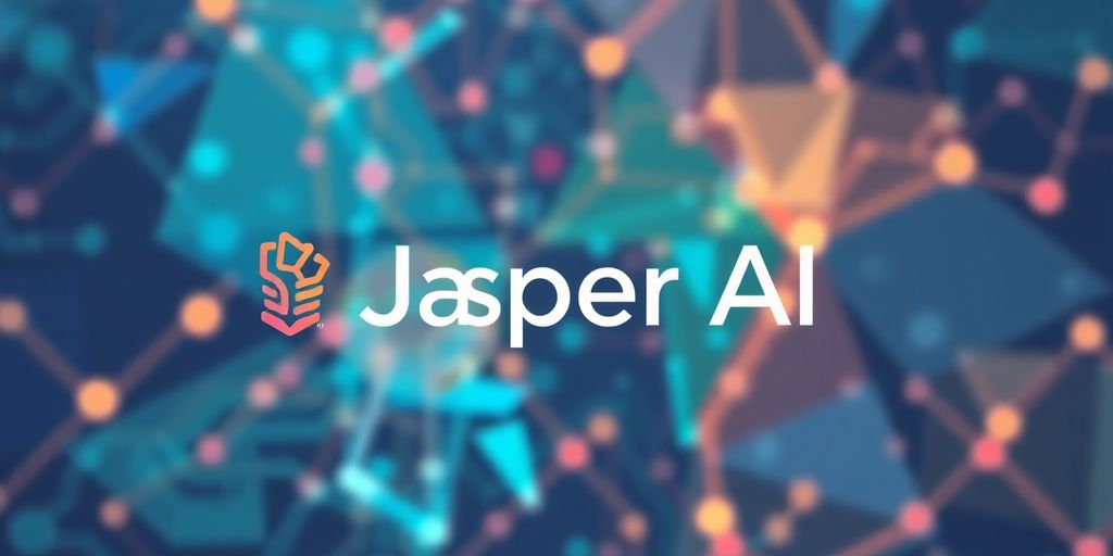 Jasper AI logo with digital technology elements and vibrant colours.