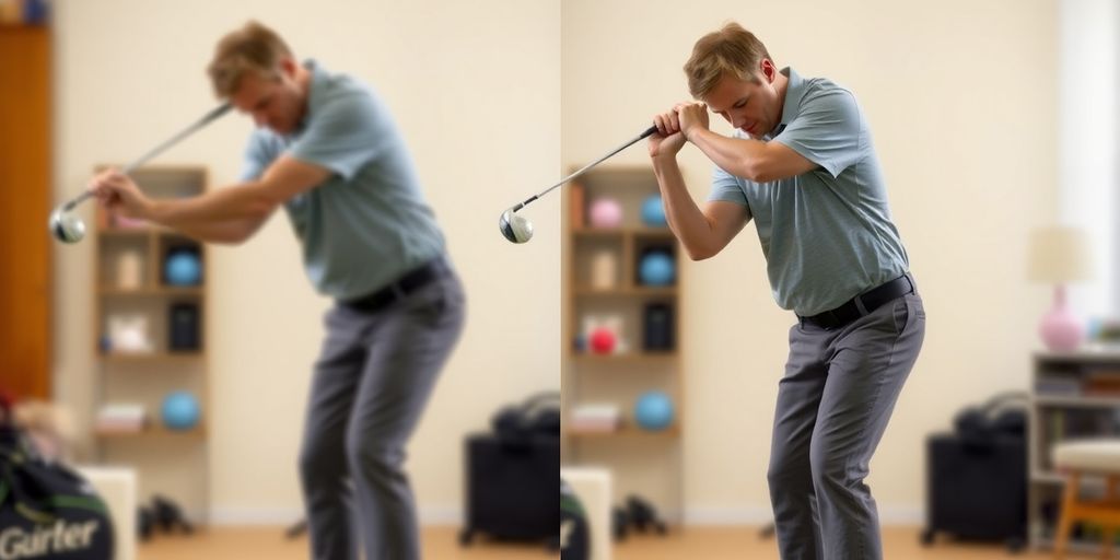 Golfer practicing swing indoors at home